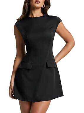 Women's Black Cap Sleeve Mock Neck Mini Dress A-Line Flare Short Dresses